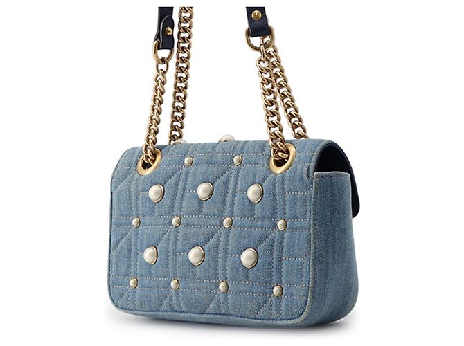 Borsa a tracolla Gucci GG Marmont Small in denim con catena Blu - vista 2