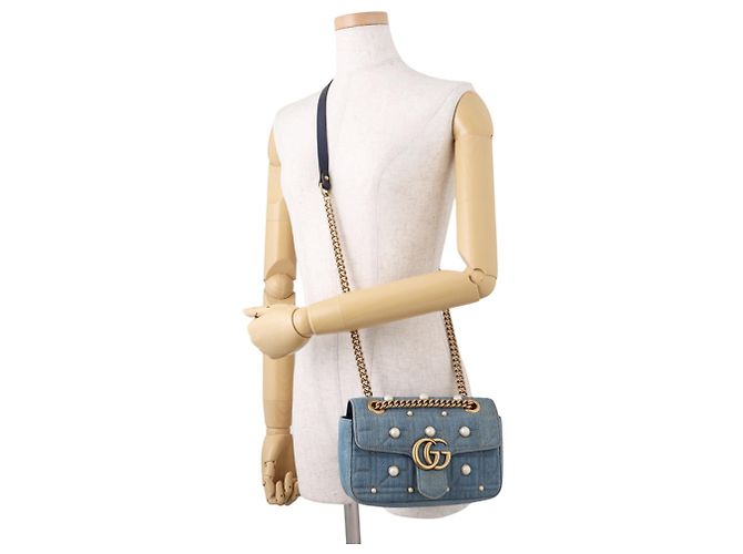 Borsa a tracolla Gucci GG Marmont Small in denim con catena Blu - vista 5