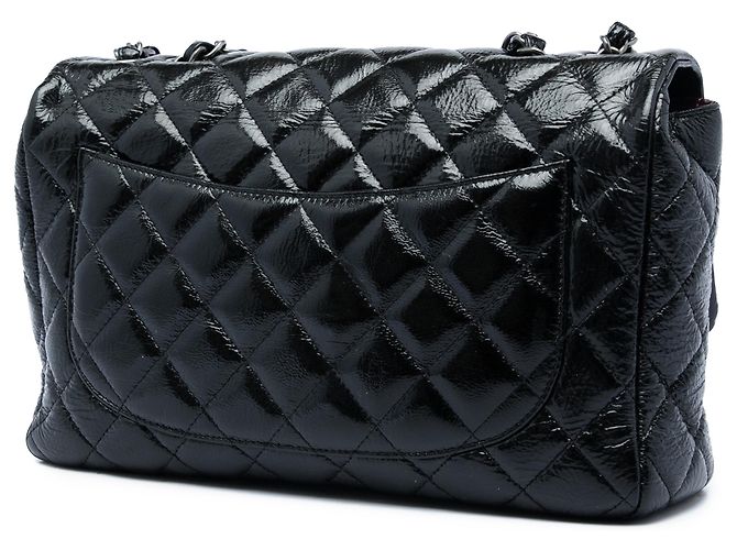 Chanel Black Jumbo Classic Crinkled Patent Single Flap Nero - vista 2