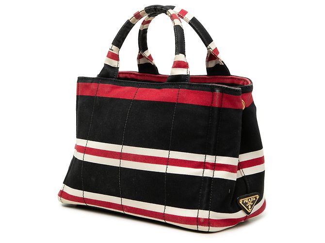 Prada Borsa Tote Small Canvas Canapa Logo Stripes Nera Nero - vista 2