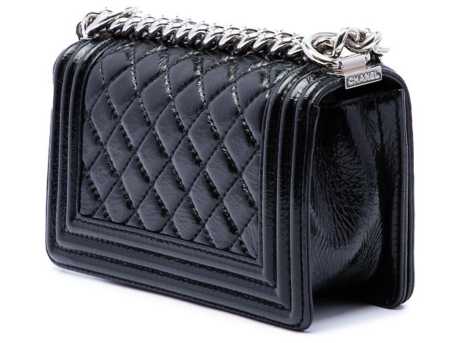 Chanel Black Small Quilted Crinkled Patent Boy Flap Noir - vue 2