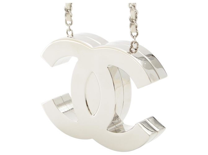 Collana Specchio Chanel CC in Ottone e Pelle d'Agnello Argentata Argento - vista 2