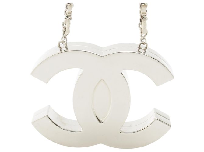 Collana Specchio Chanel CC in Ottone e Pelle d'Agnello Argentata Argento - vista 4
