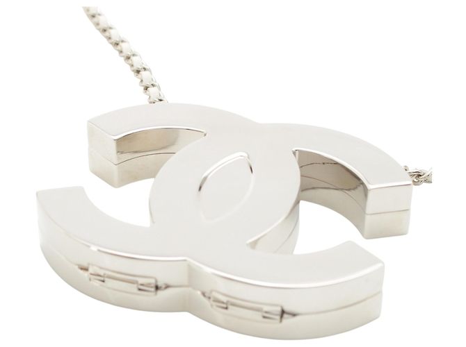 Collana Specchio Chanel CC in Ottone e Pelle d'Agnello Argentata Argento - vista 5
