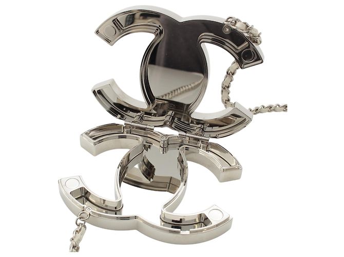 Collana Specchio Chanel CC in Ottone e Pelle d'Agnello Argentata Argento - vista 6