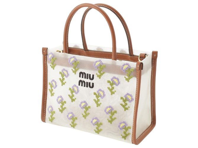 Sac à main Miu Miu en maille brodée avec garnitures en cuir blanc - vue 8