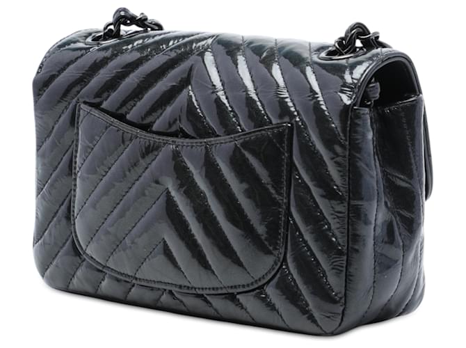 Chanel Mini Rectangular Classic Chevron Crumpled Patent So Black Single Flap Nero - vista 2