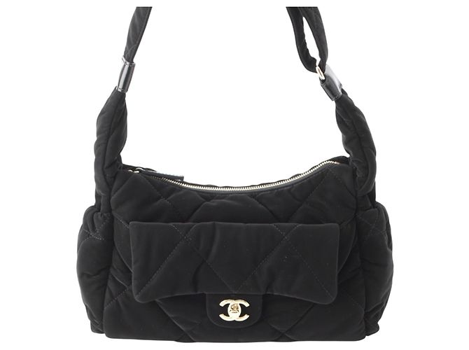 Borsa Bowling Chanel in nylon effetto velluto matelassé Large CC Nera Nero - vista 2