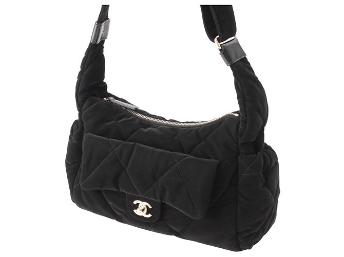 Borsa Bowling Chanel in nylon effetto velluto matelassé Large CC Nera Nero - vista 3