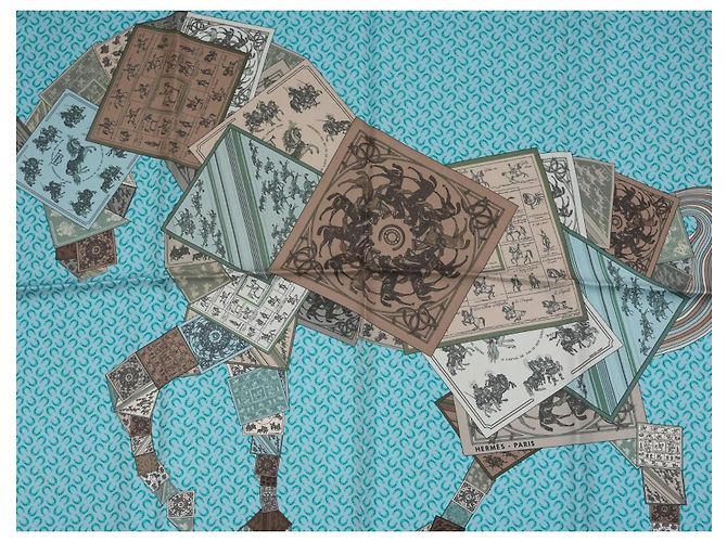 Hermès A Cheval sur mon Carré Seidentuch 90cm Hellblau Grau Braun Weiß - Ansicht 2