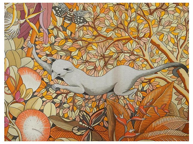 Foulard di seta Hermès Au Coeur de la Vie 90 cm - Arancione/Marrone Rosa Bianco D'oro Verde - vista 10