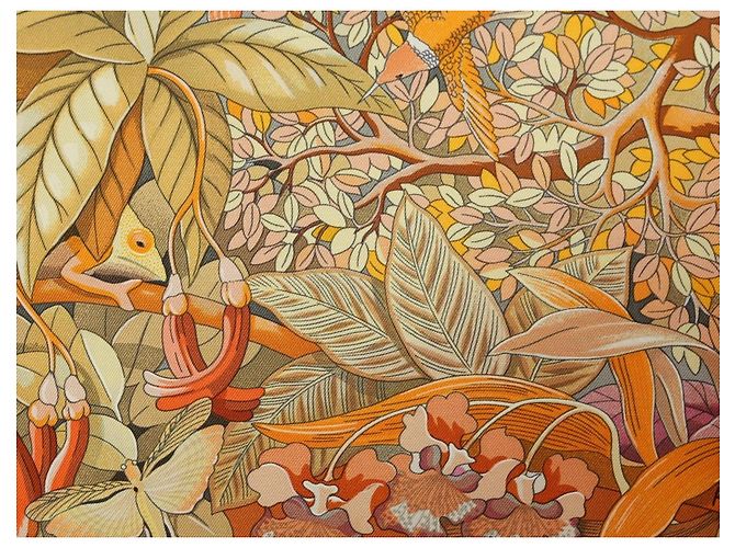 Foulard di seta Hermès Au Coeur de la Vie 90 cm - Arancione/Marrone Rosa Bianco D'oro Verde - vista 11