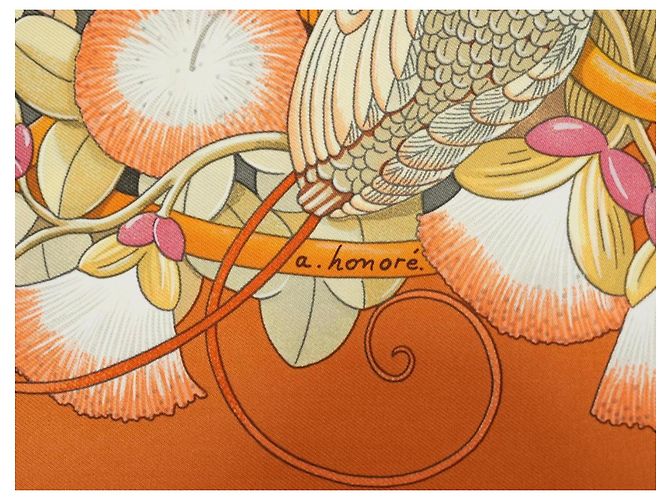 Foulard di seta Hermès Au Coeur de la Vie 90 cm - Arancione/Marrone Rosa Bianco D'oro Verde - vista 12