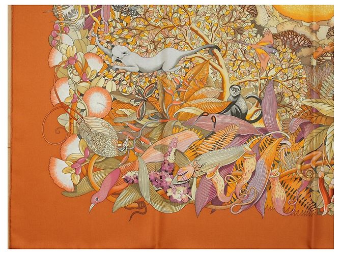 Foulard di seta Hermès Au Coeur de la Vie 90 cm - Arancione/Marrone Rosa Bianco D'oro Verde - vista 6