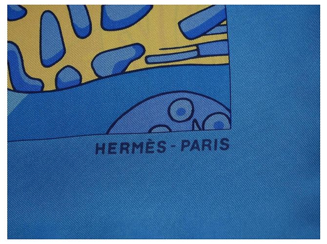 Hermès Grands Fonds II Detail Foulard Seta 90cm Blu Bianco Arancione Giallo - vista 10