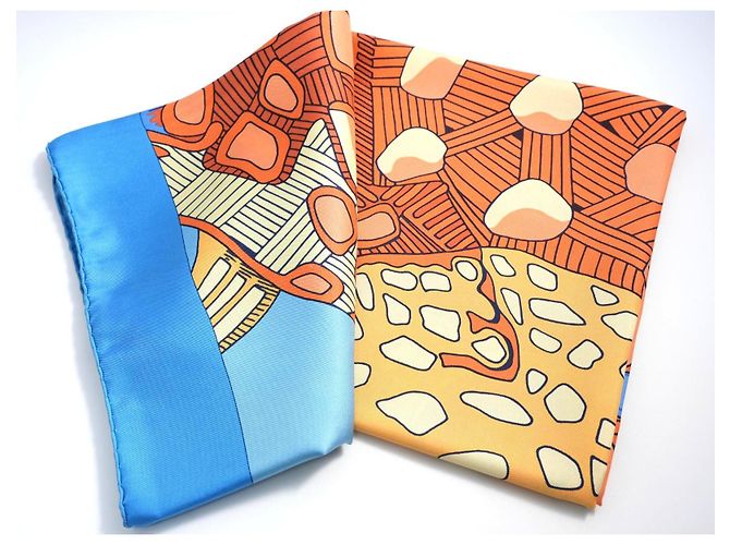Hermès Grands Fonds II Detail Foulard Seta 90cm Blu Bianco Arancione Giallo - vista 11
