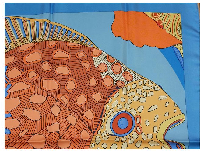 Hermès Grands Fonds II Detail Foulard Seta 90cm Blu Bianco Arancione Giallo - vista 3