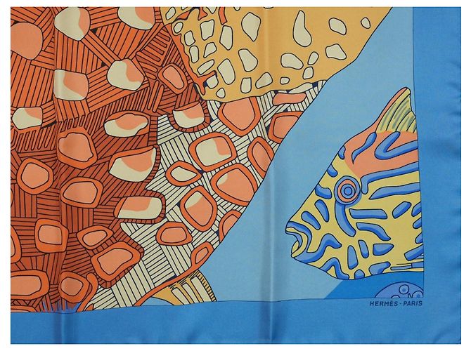 Hermès Grands Fonds II Detail Foulard Seta 90cm Blu Bianco Arancione Giallo - vista 4