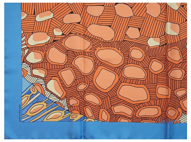 Hermès Grands Fonds II Detail Foulard Seta 90cm Blu Bianco Arancione Giallo - vista 5