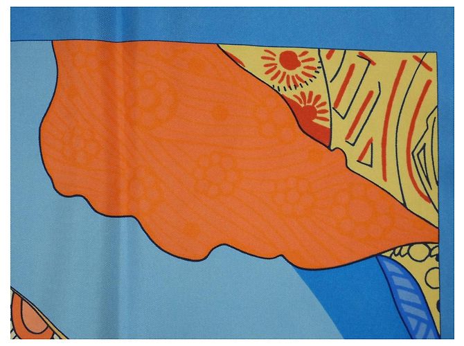 Hermès Grands Fonds II Detail Foulard Seta 90cm Blu Bianco Arancione Giallo - vista 8