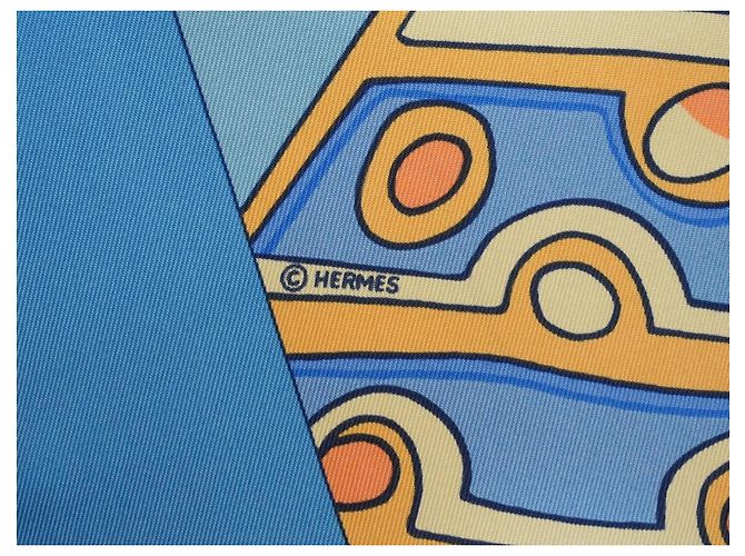 Hermès Grands Fonds II Detail Foulard Seta 90cm Blu Bianco Arancione Giallo - vista 9