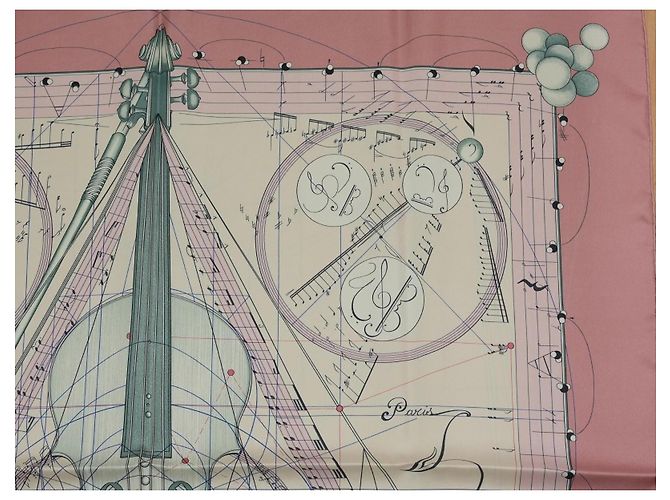 Hermès La Musique des Sphères 90 cm Seidentuch - Rosa Pink Weiß Blau Beige Grün - Ansicht 4