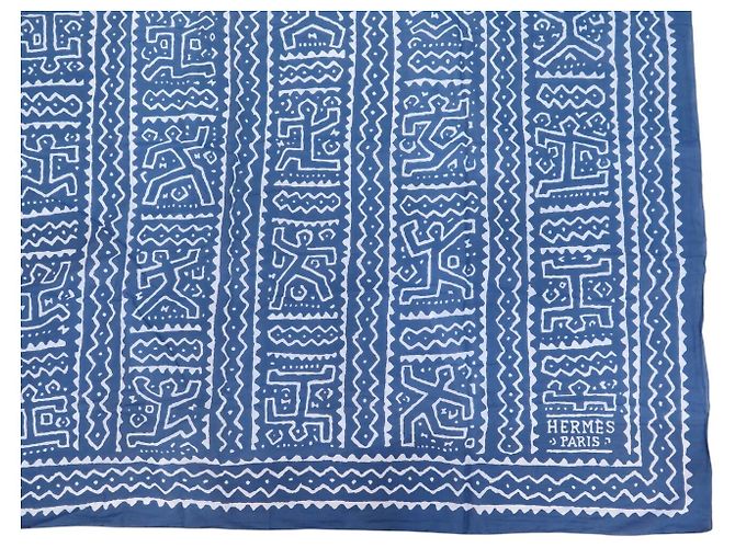 Hermès NUOVO PAREO HERMES MAXI STAMPE GRAFICHE NDOP COTONE BLU + SCATOLA SARONG - vista 4