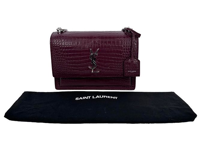 Borsa a tracolla Saint Laurent Sunset Medium in pelle goffrata croc Burgundy Rosso Bordò - vista 3