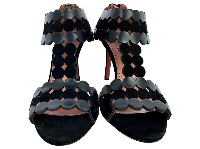 Sandali con tacco T-Strap festonati Alaïa in camoscio nero - vista 2