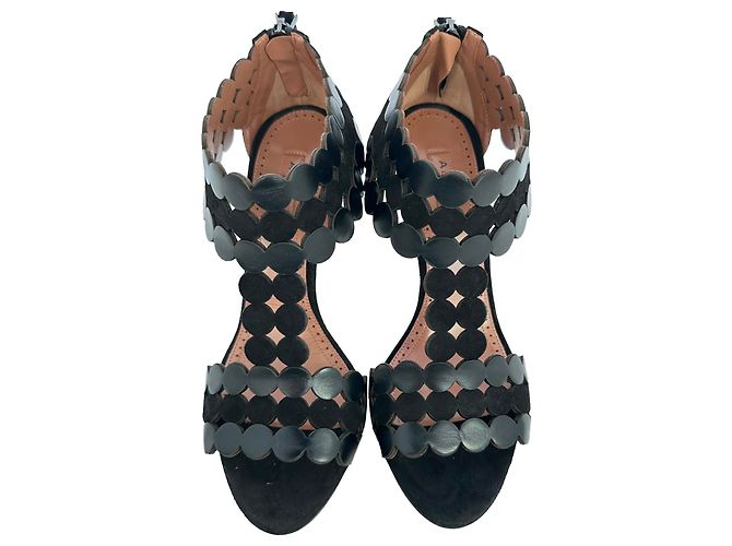Sandali con tacco T-Strap festonati Alaïa in camoscio nero - vista 3