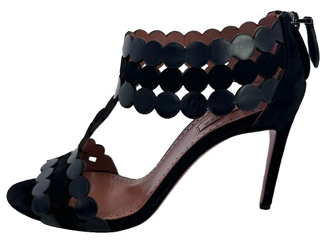 Sandali con tacco T-Strap festonati Alaïa in camoscio nero - vista 7