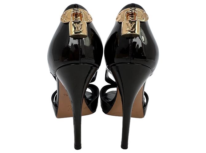 Décolleté aperte Louis Vuitton con dettaglio lucchetto e ritagli in pelle verniciata nera Nero - vista 7