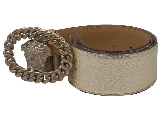 Cinto Versace com fivela Medusa em couro dourado metálico - vista 2