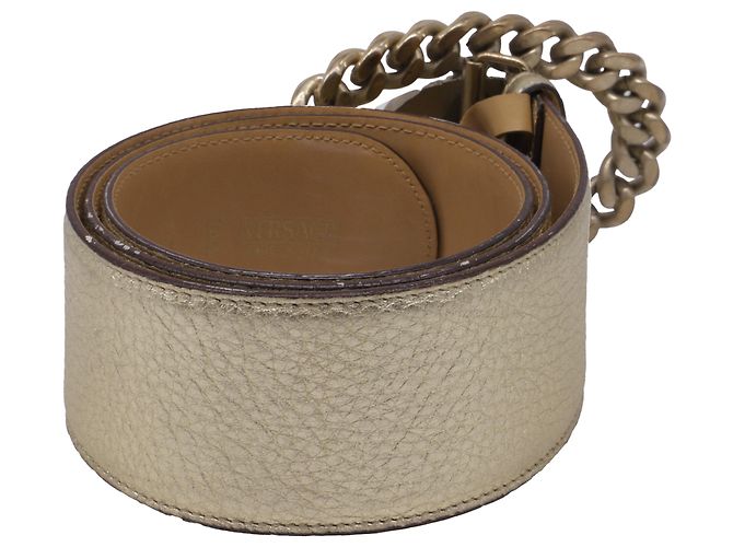 Cinto Versace com fivela Medusa em couro dourado metálico - vista 3