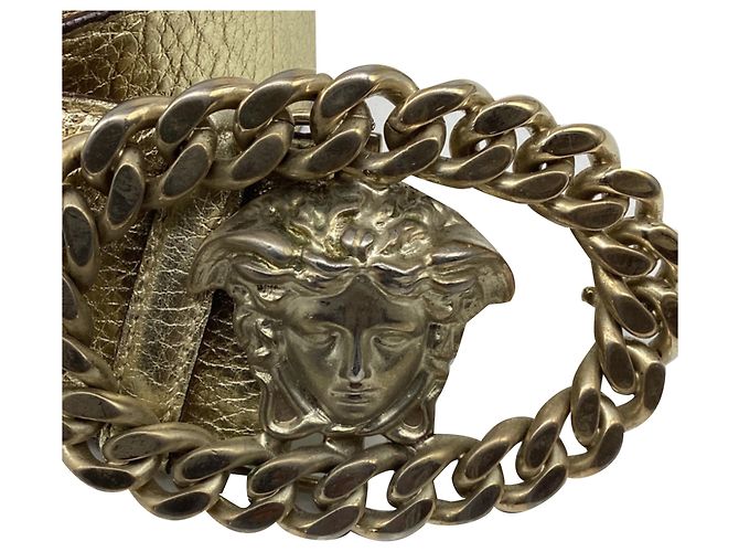 Cinto Versace com fivela Medusa em couro dourado metálico - vista 9