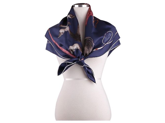 Hermès Grand Galop Seidentuch Bleu Marine Cuir Caramel Braun - Ansicht 10