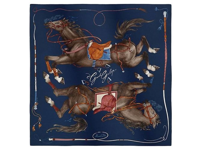 Hermès Grand Galop Seidentuch Bleu Marine Cuir Caramel Braun - Ansicht 2