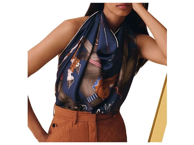 Hermès Grand Galop Seidentuch Bleu Marine Cuir Caramel Braun - Ansicht 4