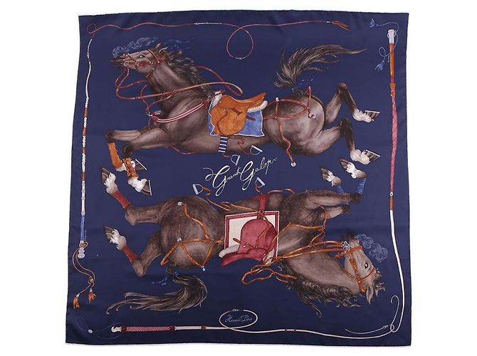 Hermès Grand Galop Seidentuch Bleu Marine Cuir Caramel Braun - Ansicht 6