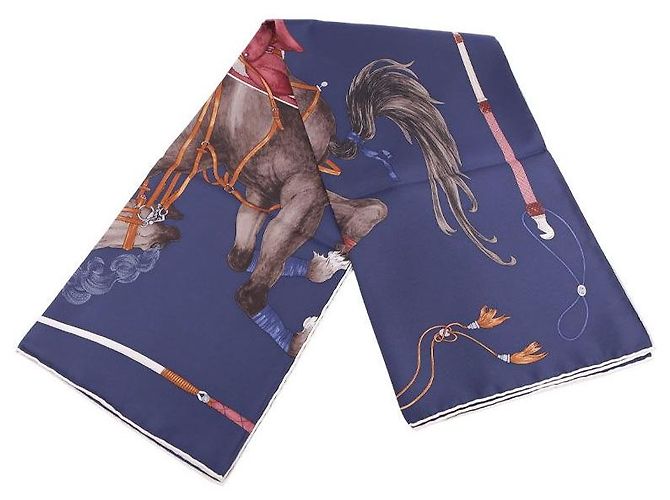 Hermès Grand Galop Seidentuch Bleu Marine Cuir Caramel Braun - Ansicht 8