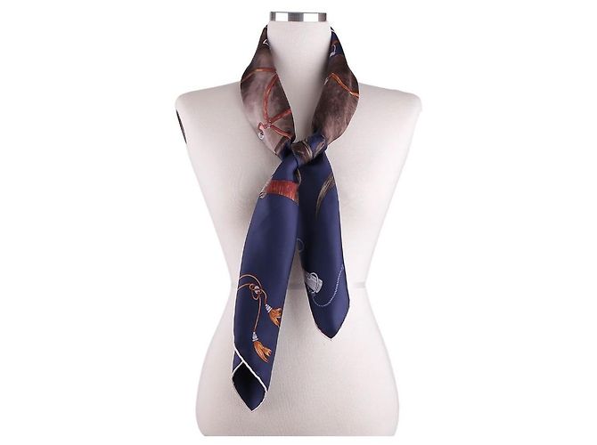Hermès Grand Galop Seidentuch Bleu Marine Cuir Caramel Braun - Ansicht 9