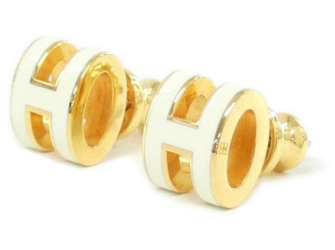 Hermès Pendientes de botón Hermes Pop H MINI Gold and White Blanco Dorado - vista 2