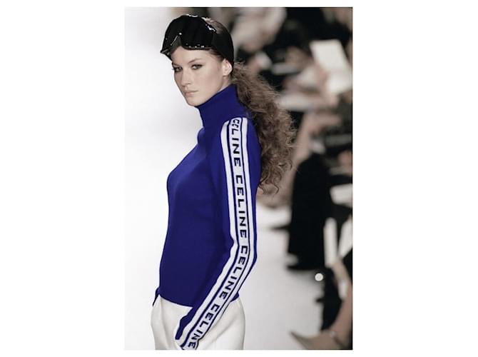 Céline Celine Vintage Herbst 1999 Kaschmirpullover mit Logo am Ärmel Blau - Ansicht 2