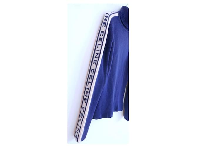 Céline Celine Vintage Herbst 1999 Kaschmirpullover mit Logo am Ärmel Blau - Ansicht 3