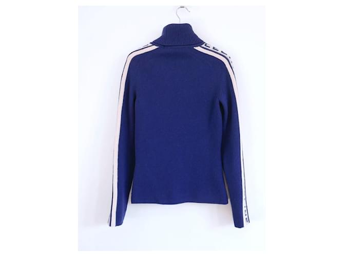 Céline Celine Vintage Herbst 1999 Kaschmirpullover mit Logo am Ärmel Blau - Ansicht 5
