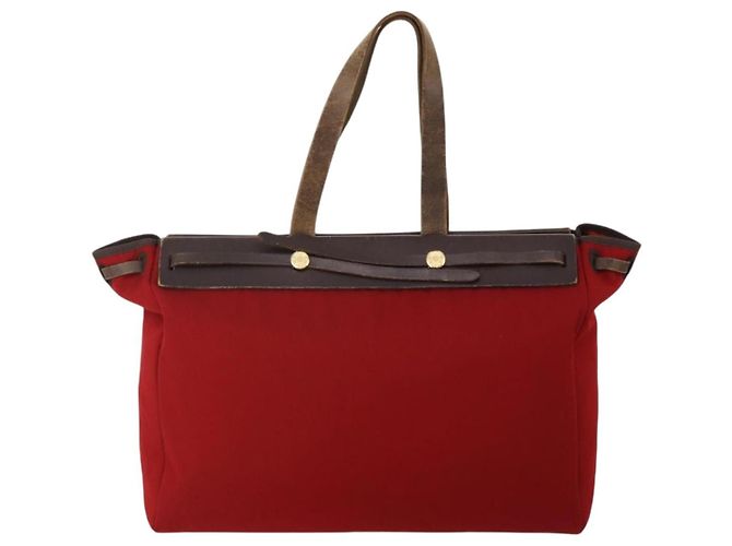 Hermès HERMES Herbag Cabas MM Handtasche Canvas Leder Rot Gold Auth bs36333 Golden - Ansicht 13