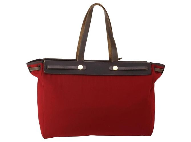 Hermès HERMES Herbag Cabas MM Handtasche Canvas Leder Rot Gold Auth bs36333 Golden - Ansicht 2