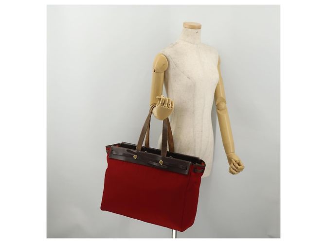 Hermès HERMES Herbag Cabas MM Handtasche Canvas Leder Rot Gold Auth bs36333 Golden - Ansicht 24