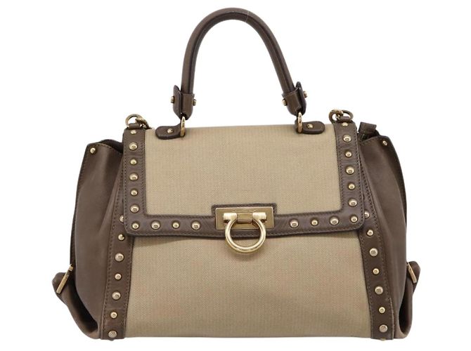 Borsa Salvatore Ferragamo Gancini Canvas 2way Beige Gold Auth 196765 D'oro - vista 13