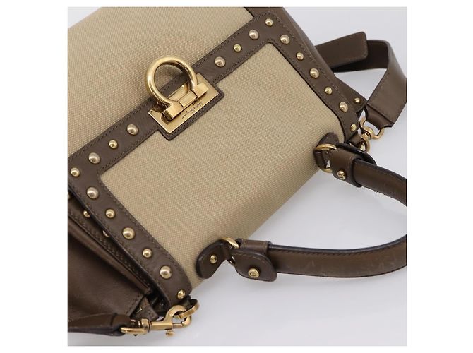 Borsa Salvatore Ferragamo Gancini Canvas 2way Beige Gold Auth 196765 D'oro - vista 14